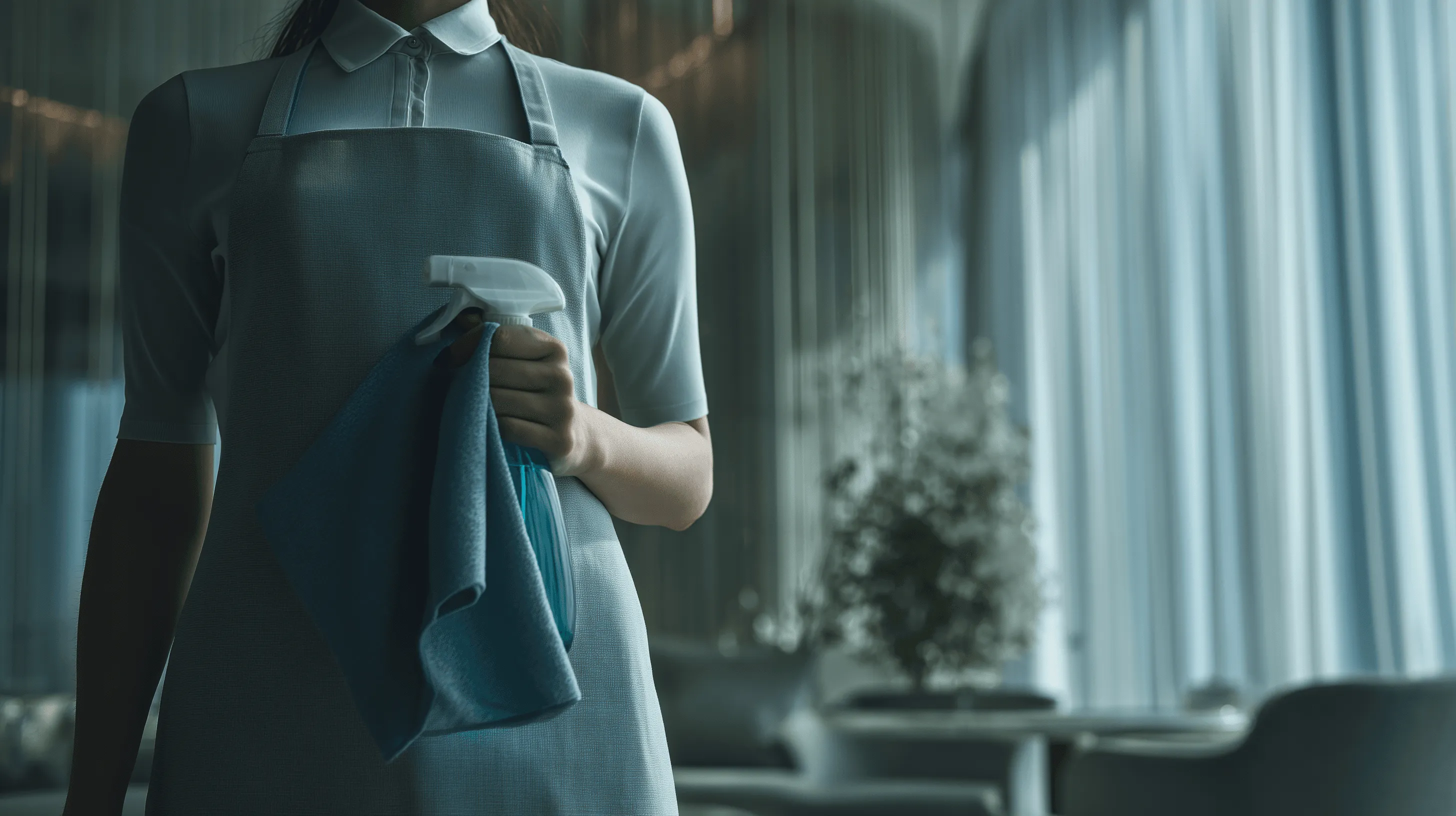 Cleaner holding a spray bottle and cloth