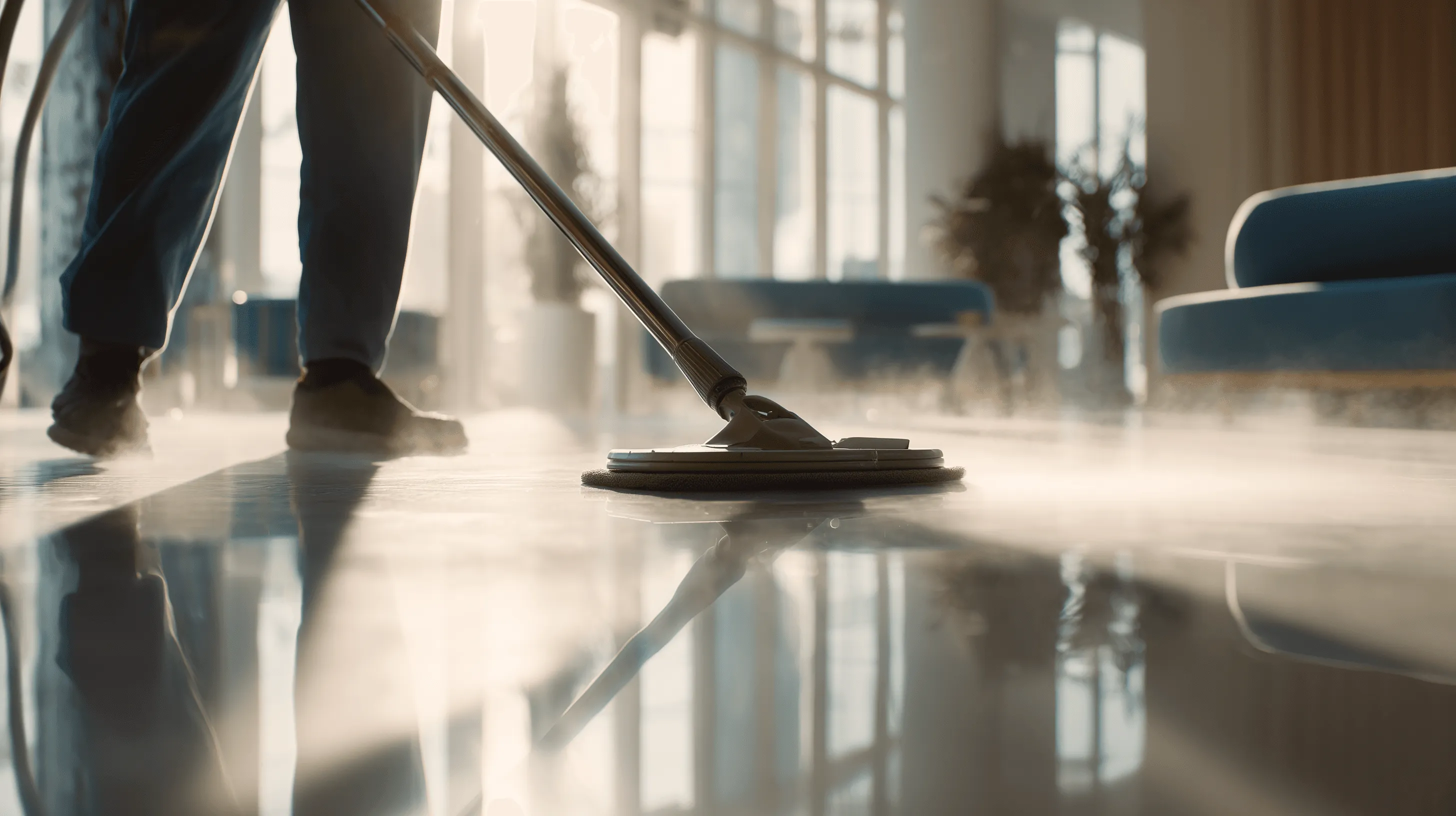 Steam mopping a polished floor