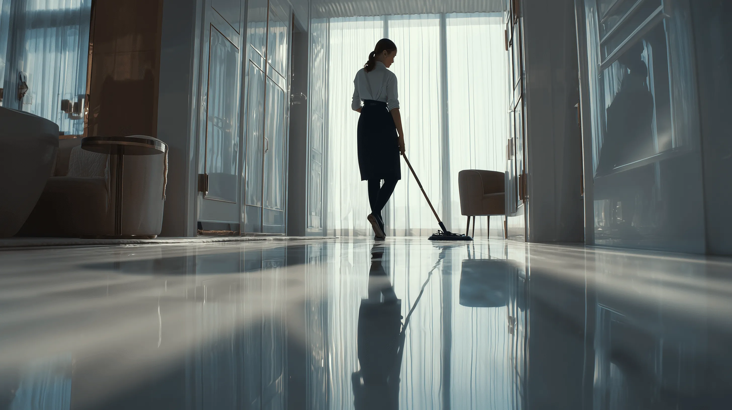 Cleaner mopping a bright, reflective floor