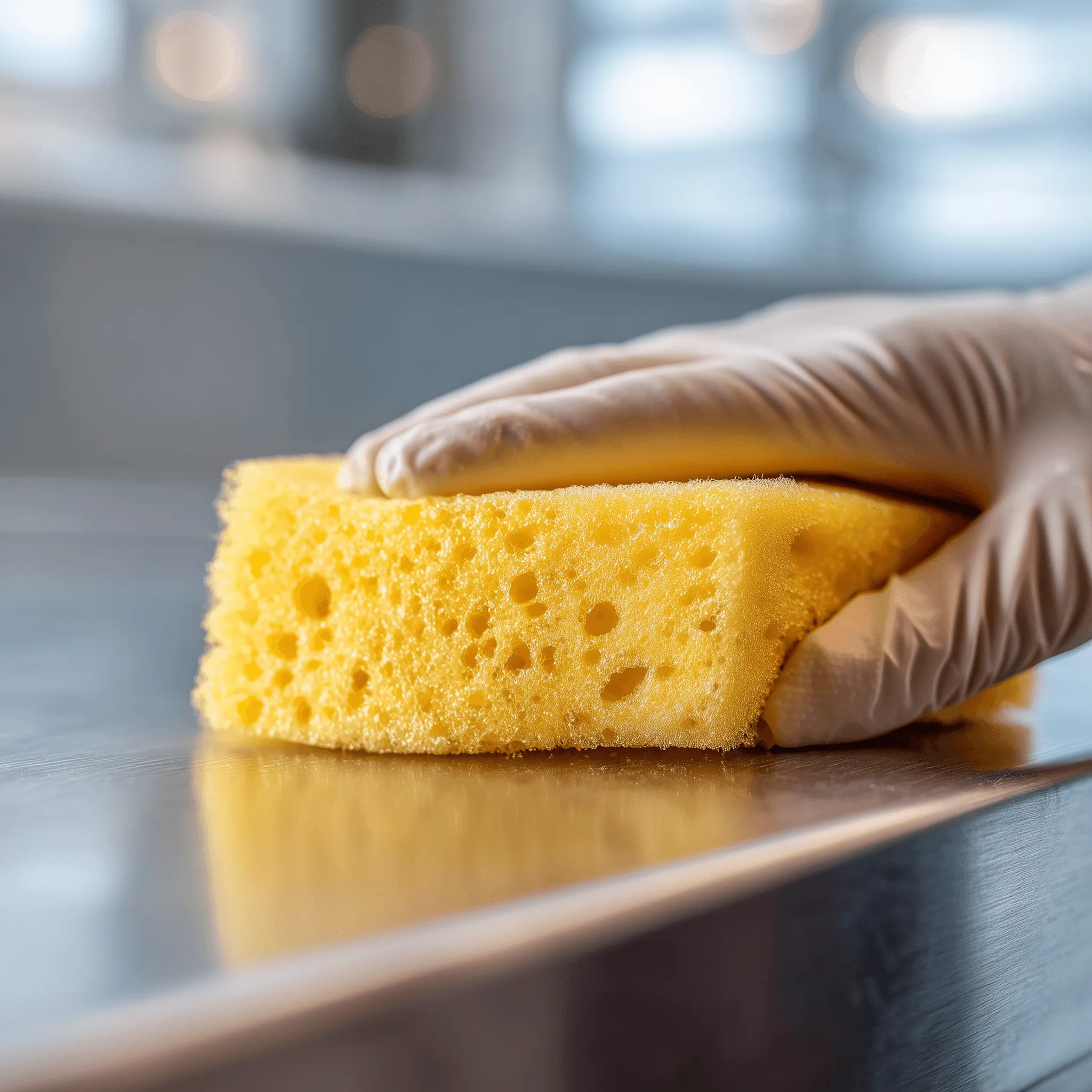 Hand wiping a surface with a sponge