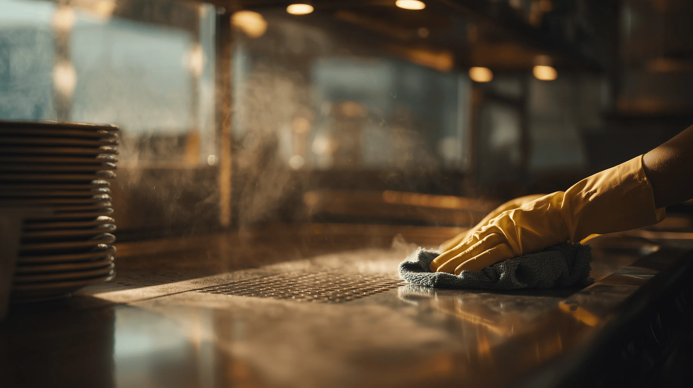 Gloved hand wiping down a bench top